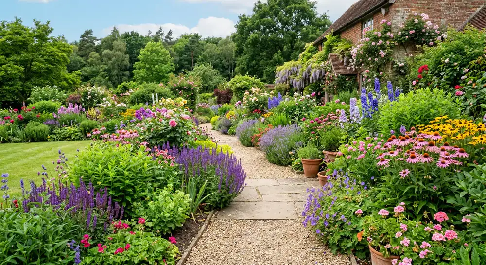 Een bloeiende tuin vol kleurrijke bloemen en verzorgde plantenbedden
