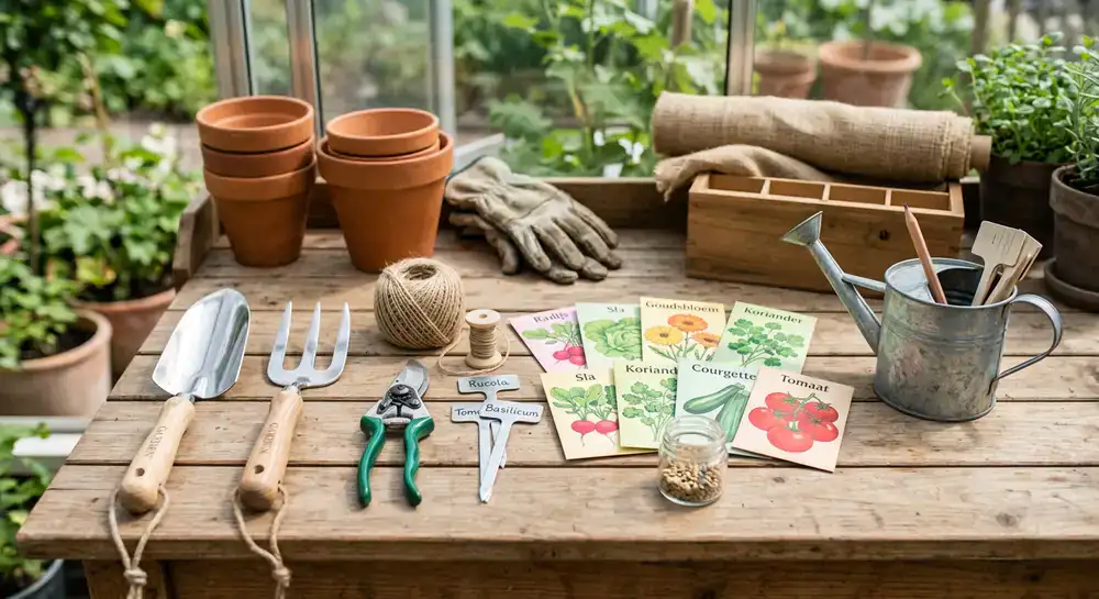 Tuingereedschap en zaden netjes gerangschikt op een werktafel
