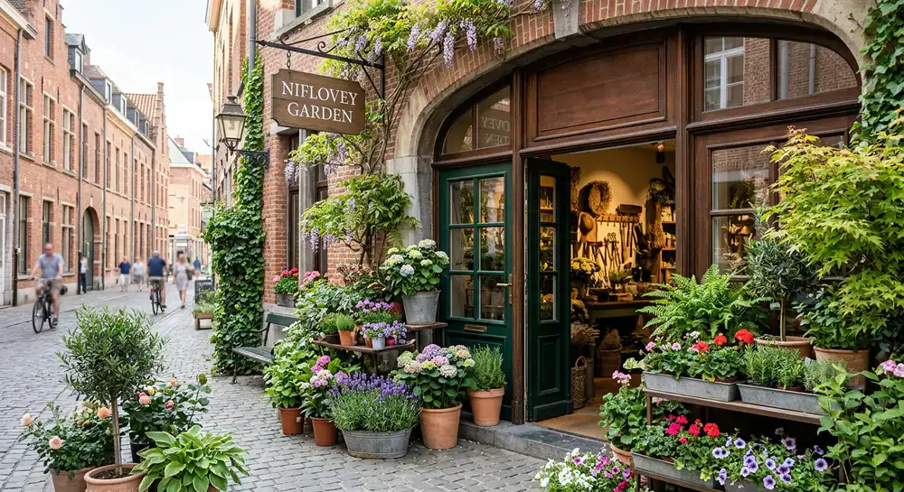 De ingang van de Niflovey Garden winkel in Leuven, omringd door planten