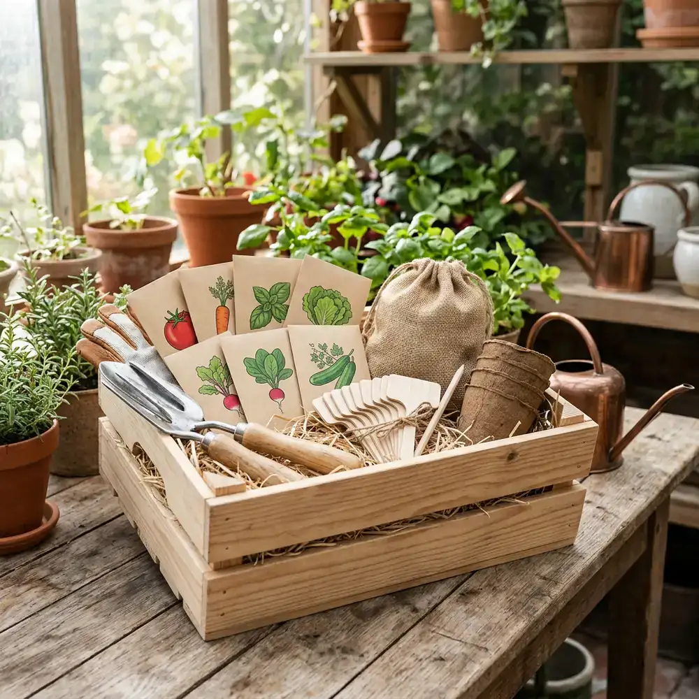 Complete starterset voor de moestuin in een houten kist