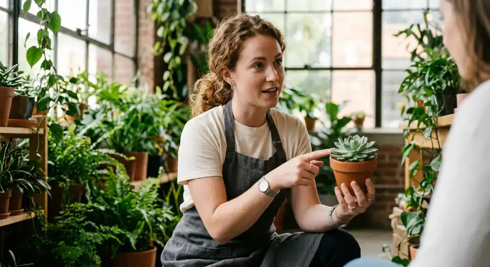 Medewerker die advies geeft over plantenverzorging