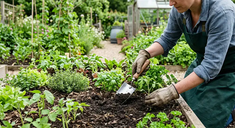 Gereedschap van hoge kwaliteit in gebruik in een moestuin