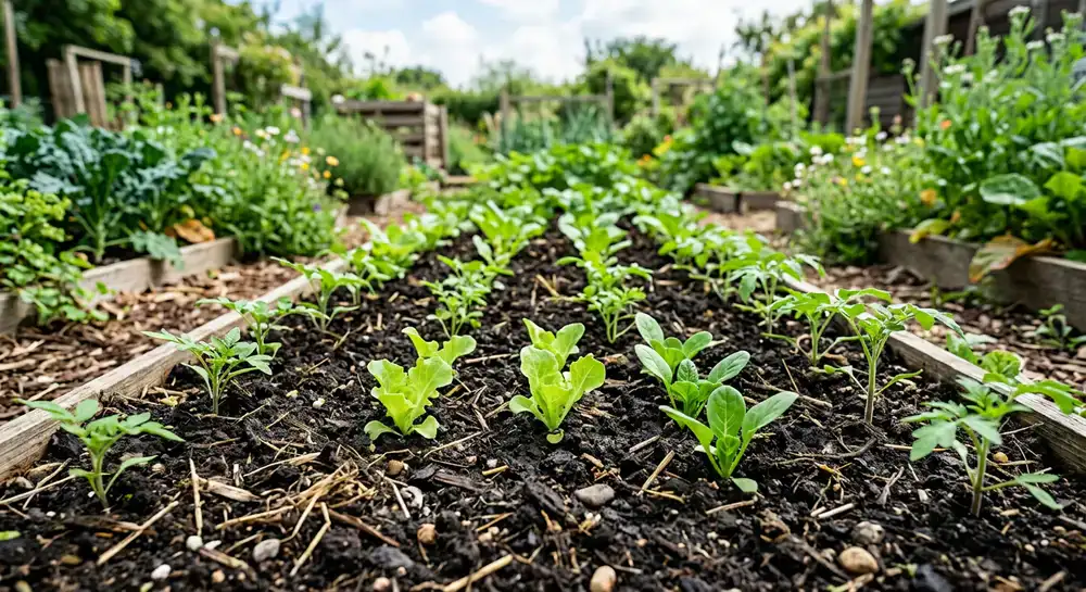 Jonge zaailingen en ecologische compost in een tuin